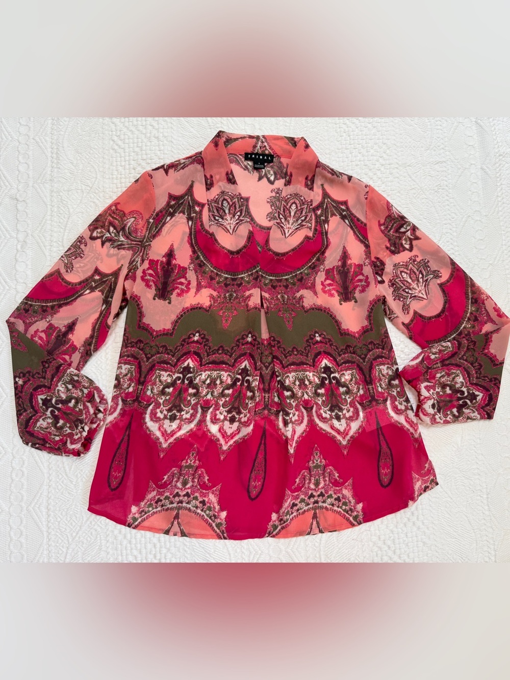 TRIBAL DAHLIA PULLOVER PINK TUNIC TOP SIZE SMALL V-NECK SEMI-SHEER